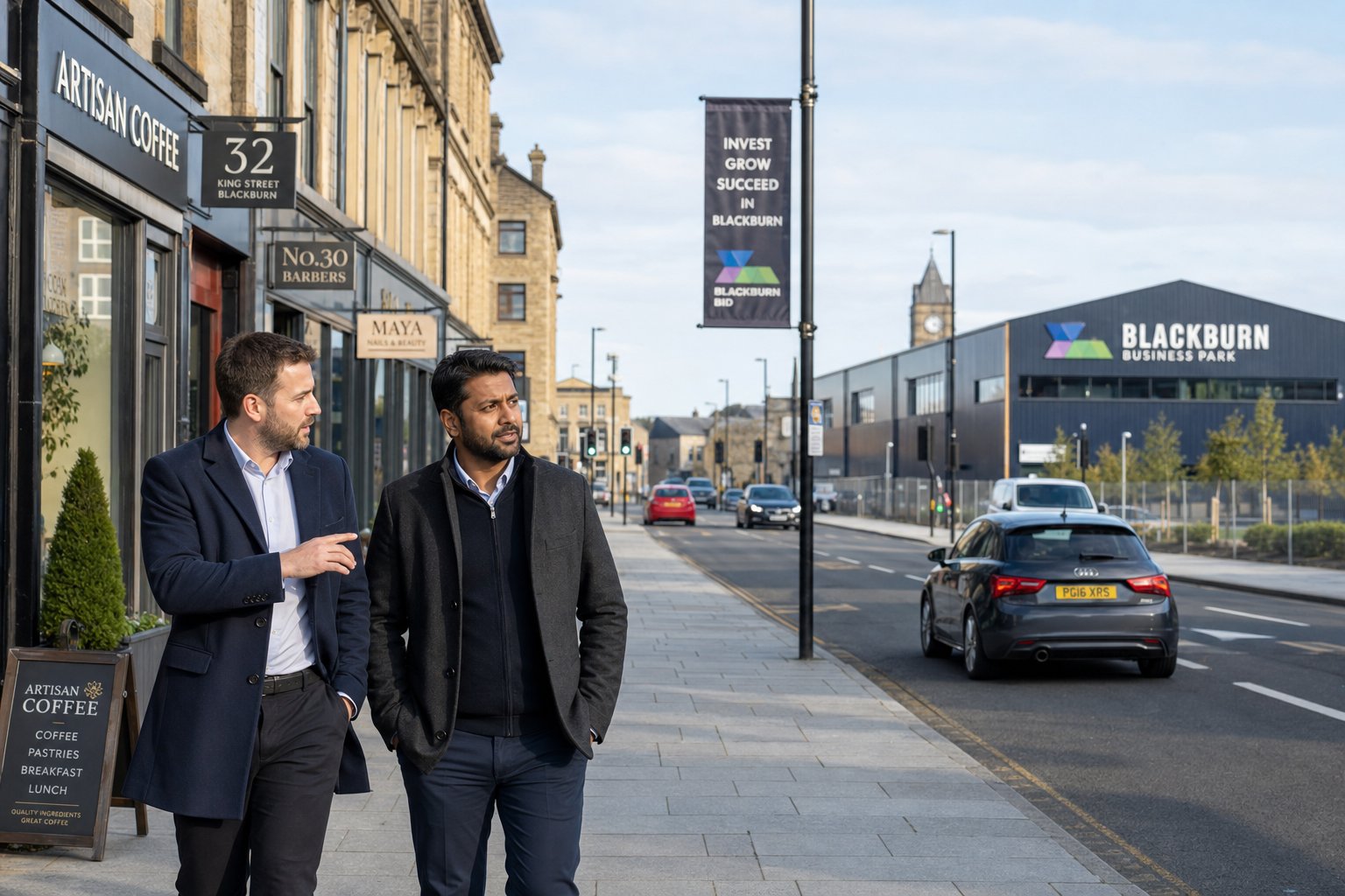 Two business partners assessing commercial property opportunities in a clean Blackburn business district.