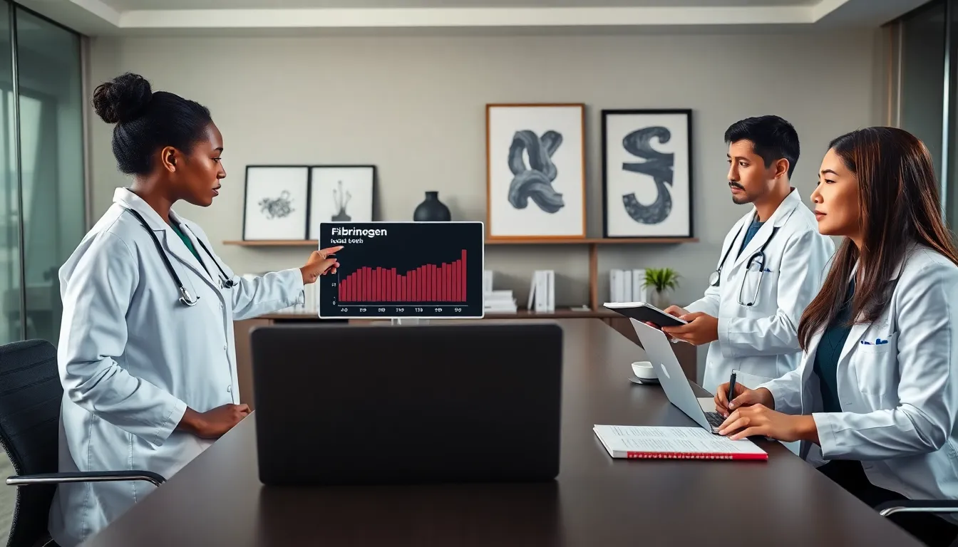 healthcare team discussing hipofibrinogenemia in a modern office.