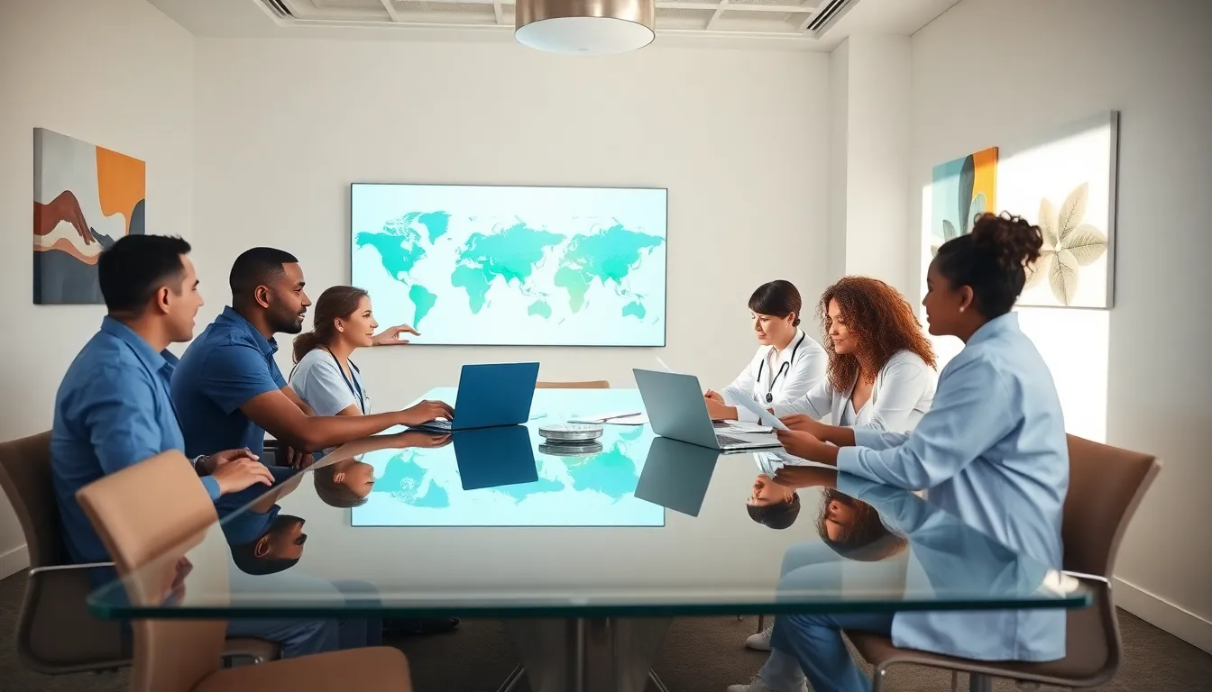 diverse healthcare professionals discussing global health access in a modern office.