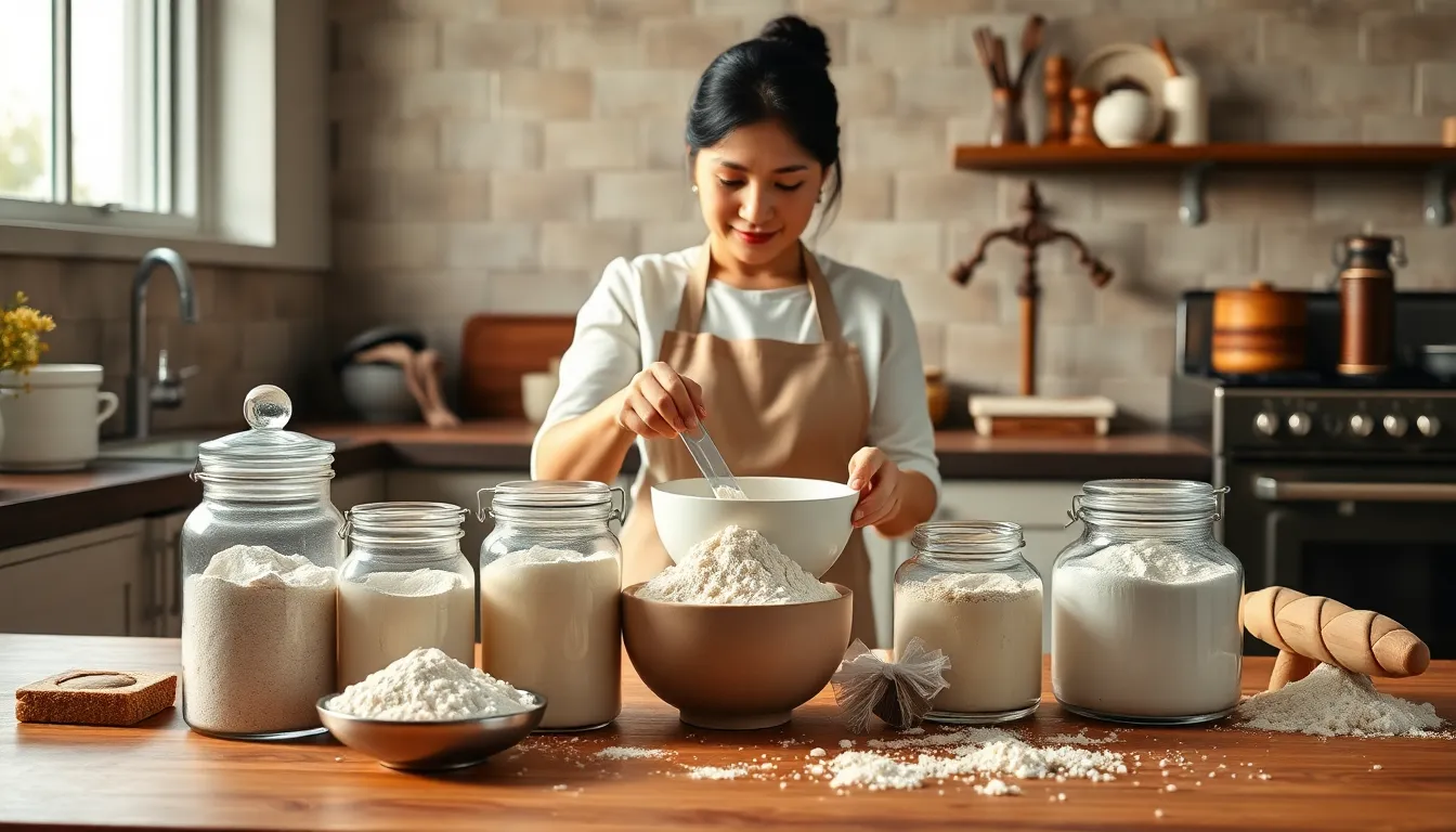 baker measuring flour in a stylish kitchen full of baking tools.