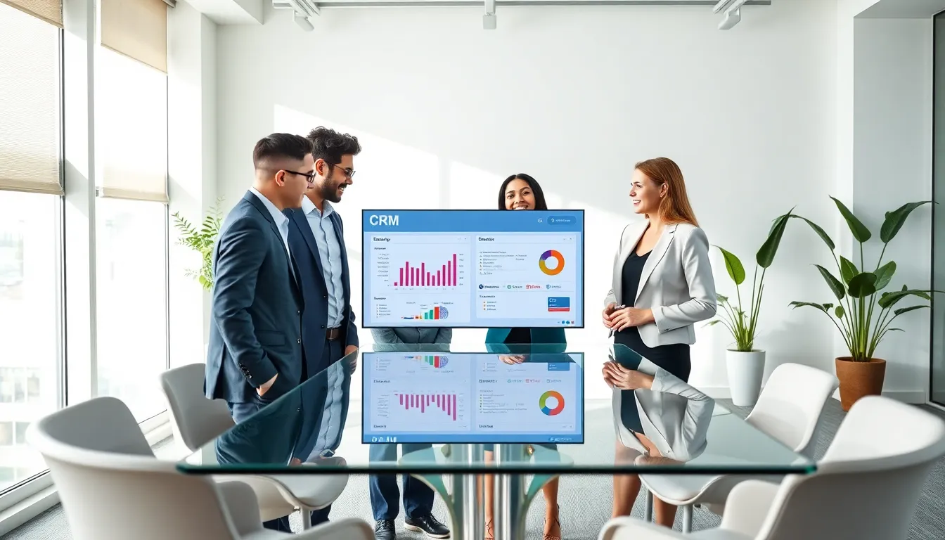 professionals analyzing CRM reports in a modern office setting.