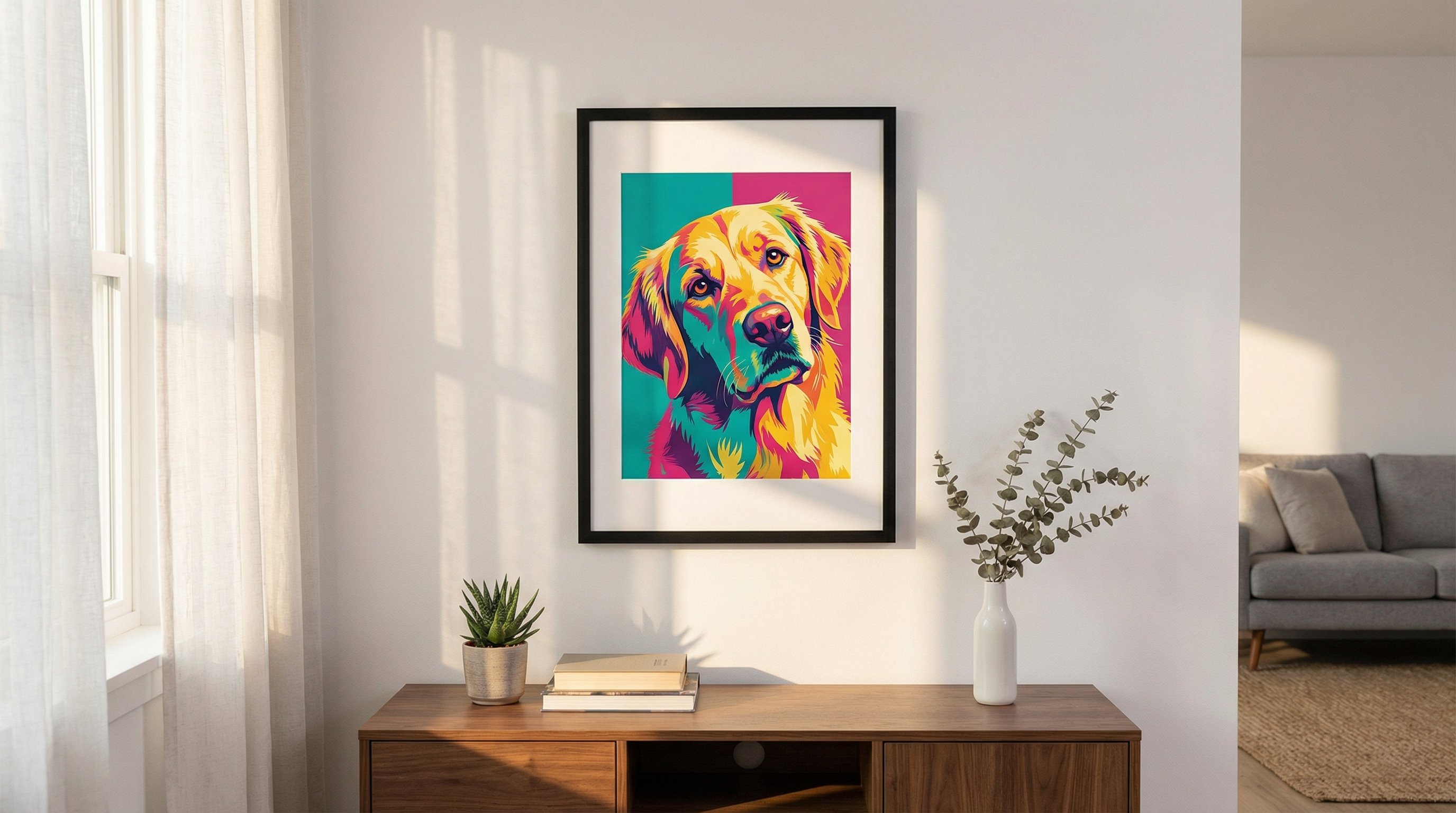 Framed custom pop-art dog portrait of a golden retriever on a living room wall.