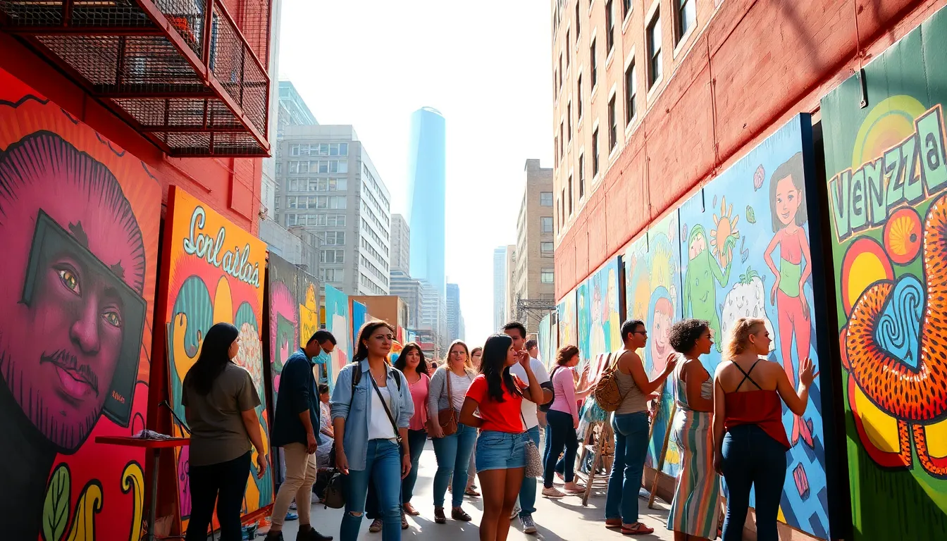 diverse artists creating vibrant VenezolanaCute murals in an urban setting.