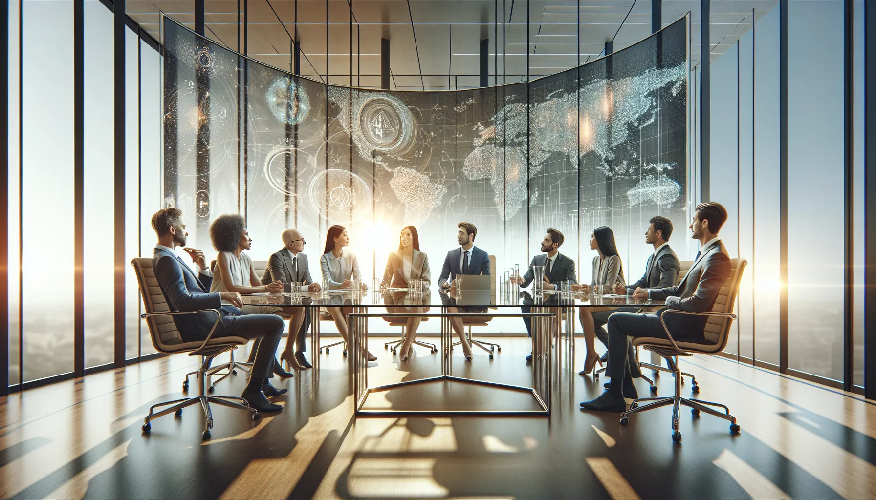 diverse professionals discussing Dlsanfznlwm in a modern conference room.