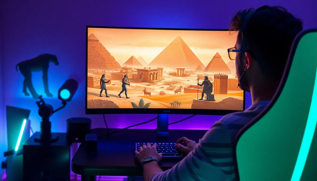 gamer engaging with an Ancient Egyptian-themed video game.
