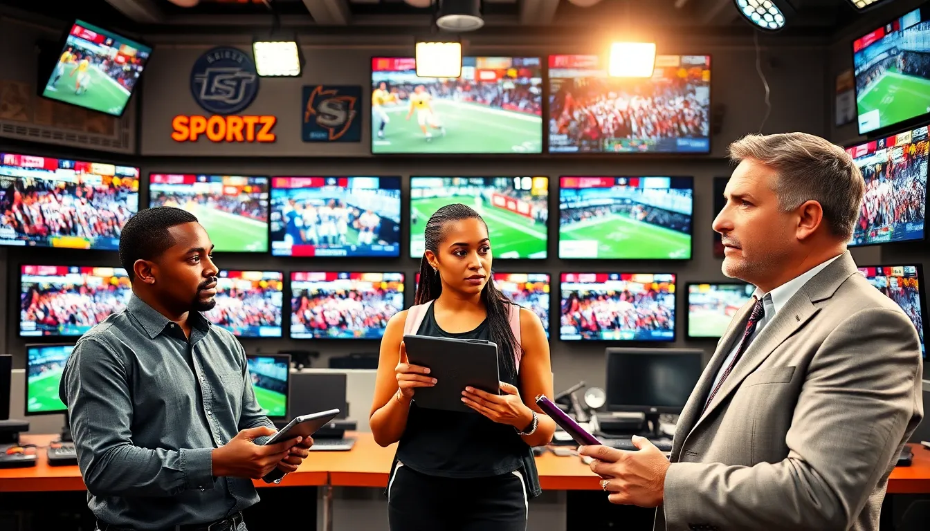journalists collaborating in a modern sports newsroom.