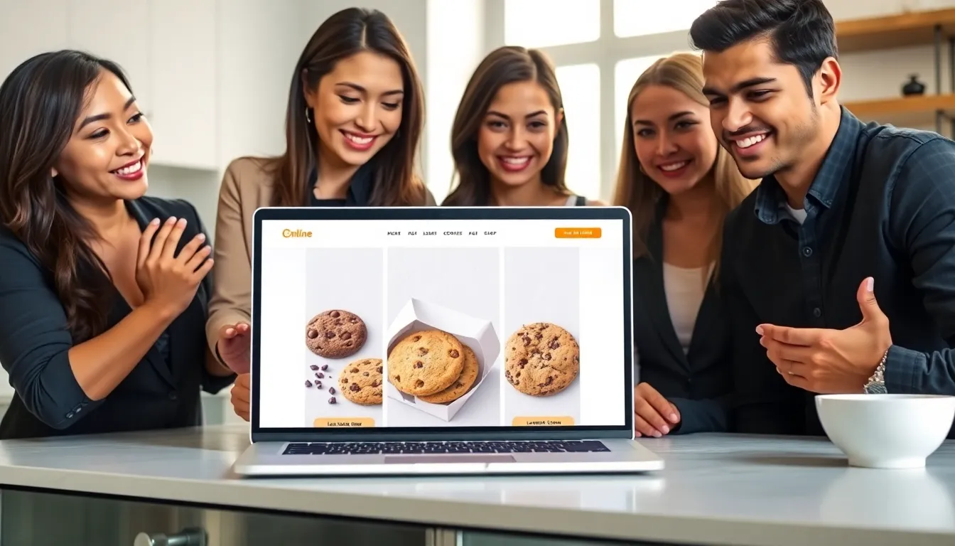 diverse group enjoying cookies while exploring an online cookie shop.