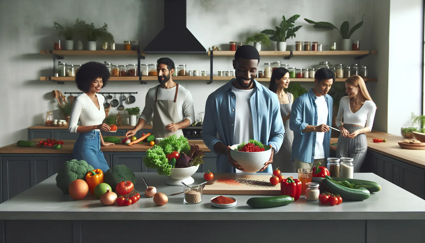 group preparing healthy dishes featuring chaitomin in a modern kitchen.
