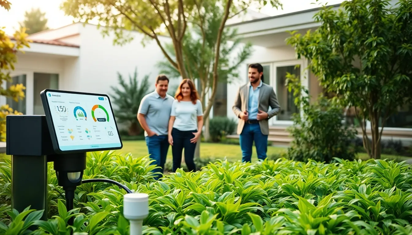 family observing a smart irrigation system in a modern backyard.