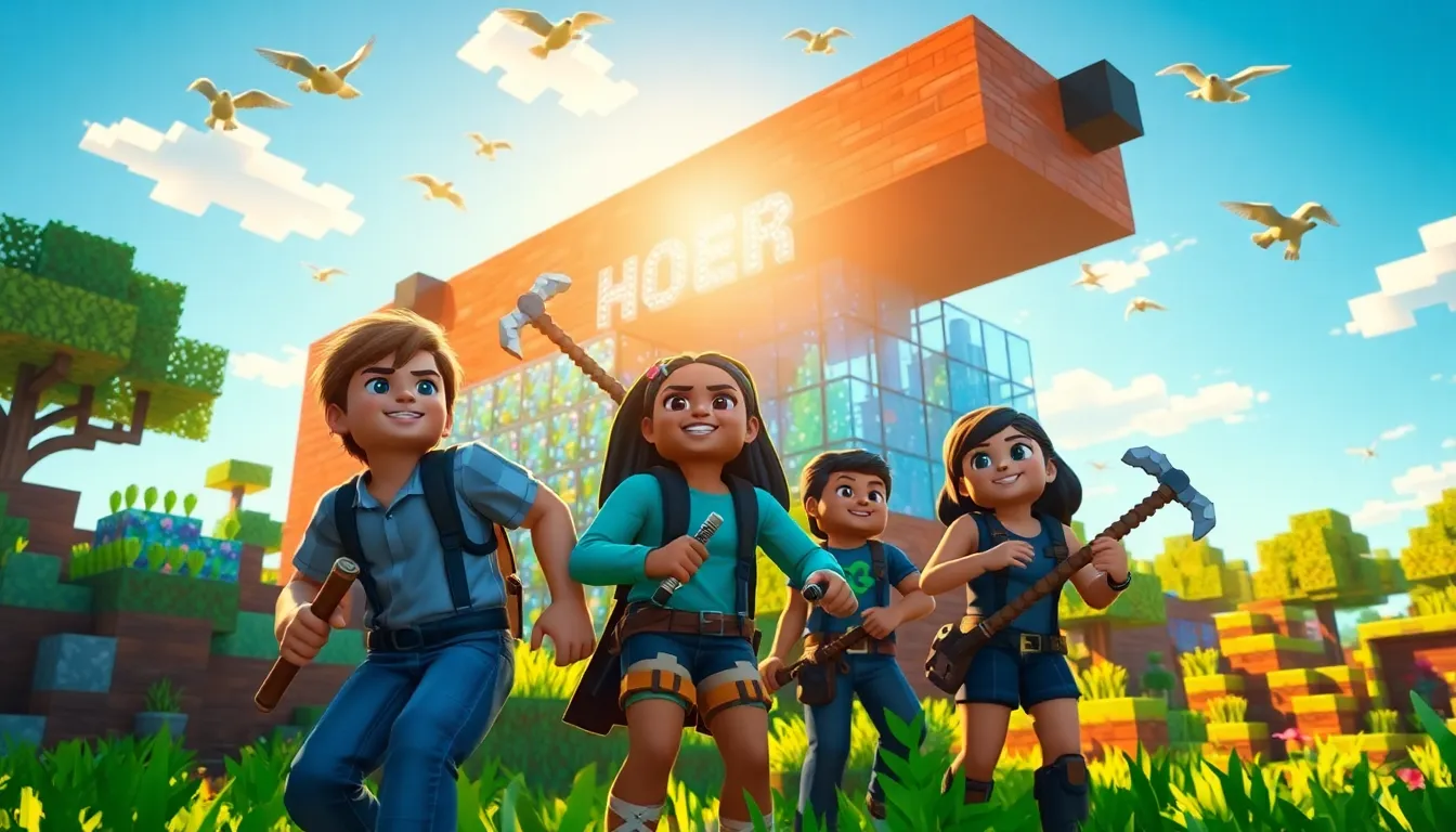 players celebrating the latest Minecraft update in a colorful pixelated landscape.