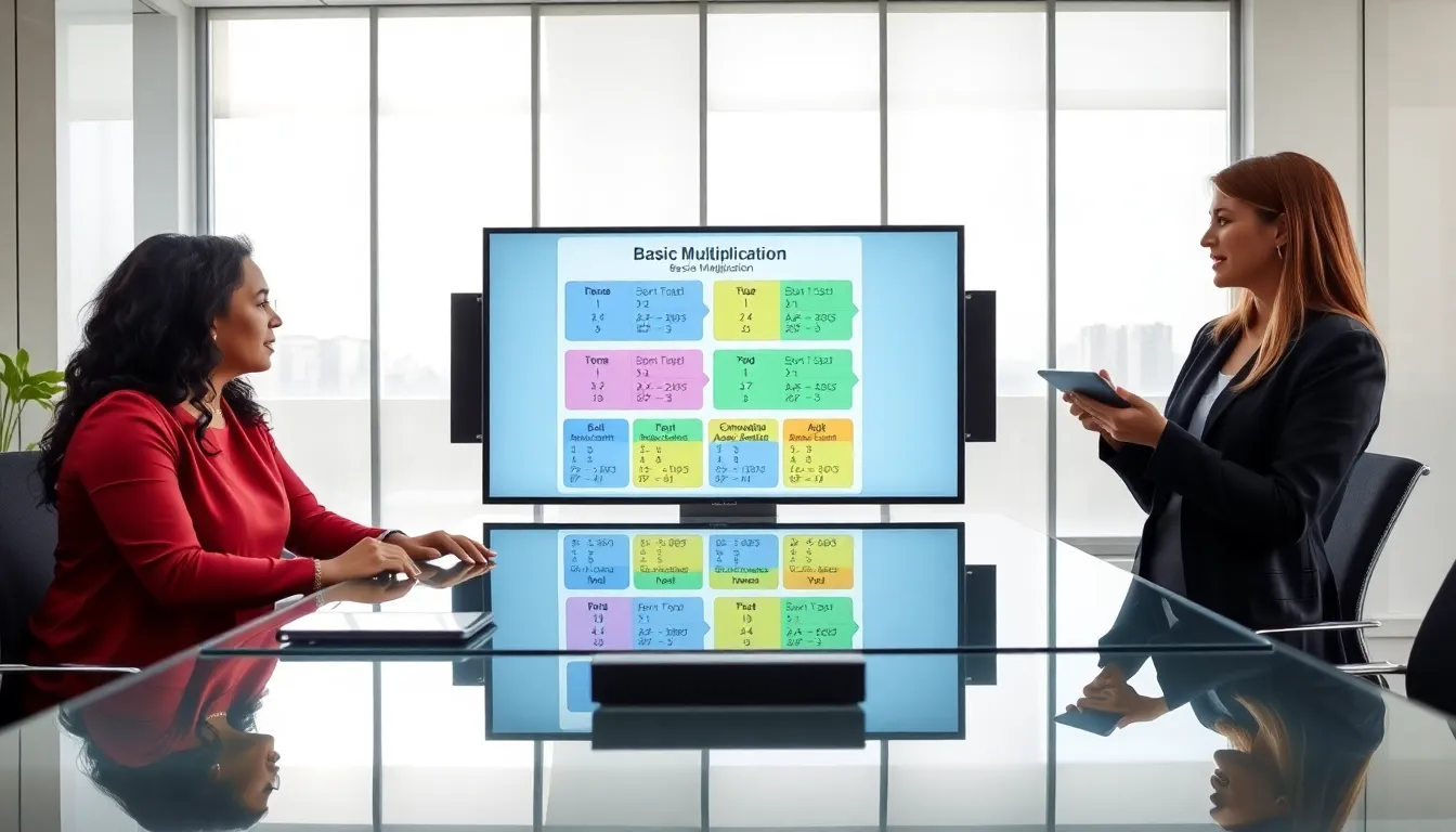 diverse professionals discussing multiplication concepts in a modern office.
