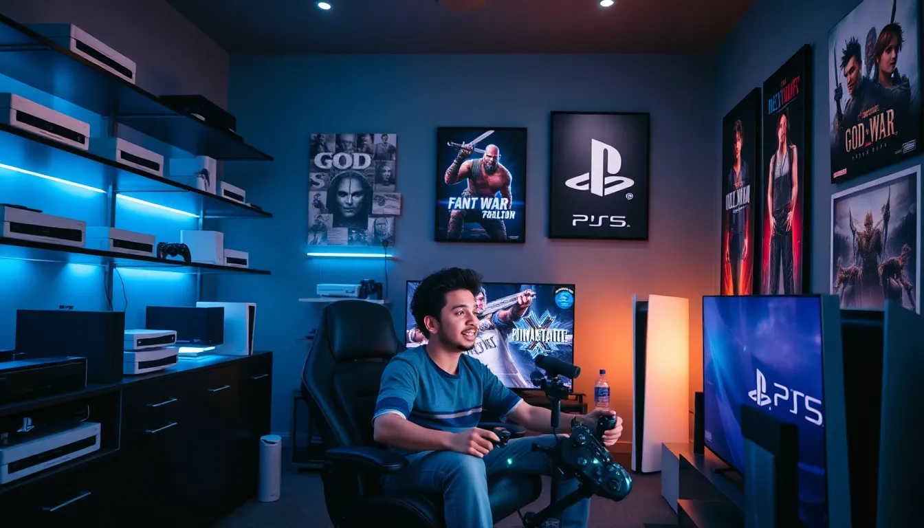 a gamer playing with various PlayStation consoles displayed around him.