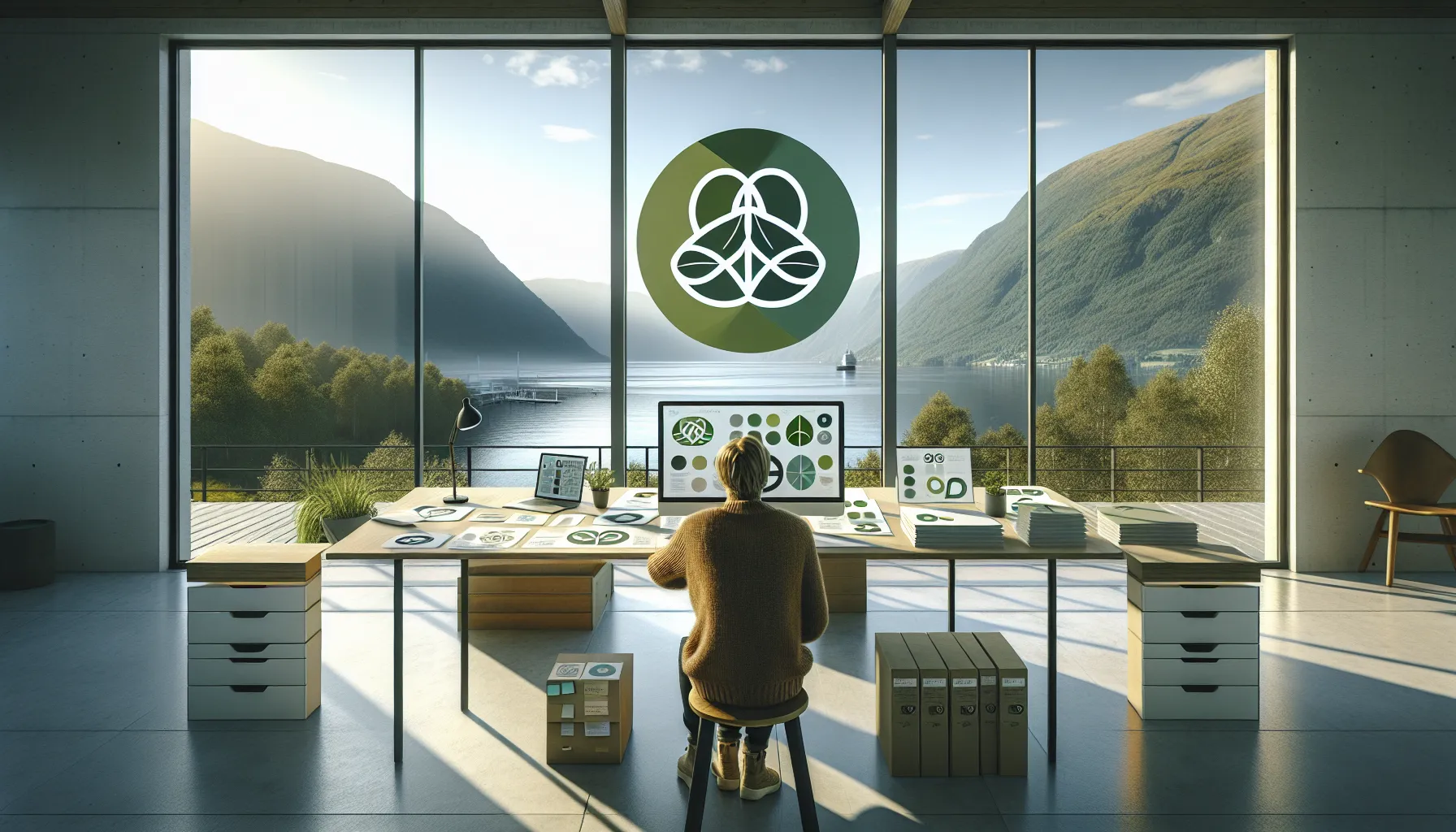 Designer in a norwegian office reviewing a green, sustainability‑focused logo on screen.