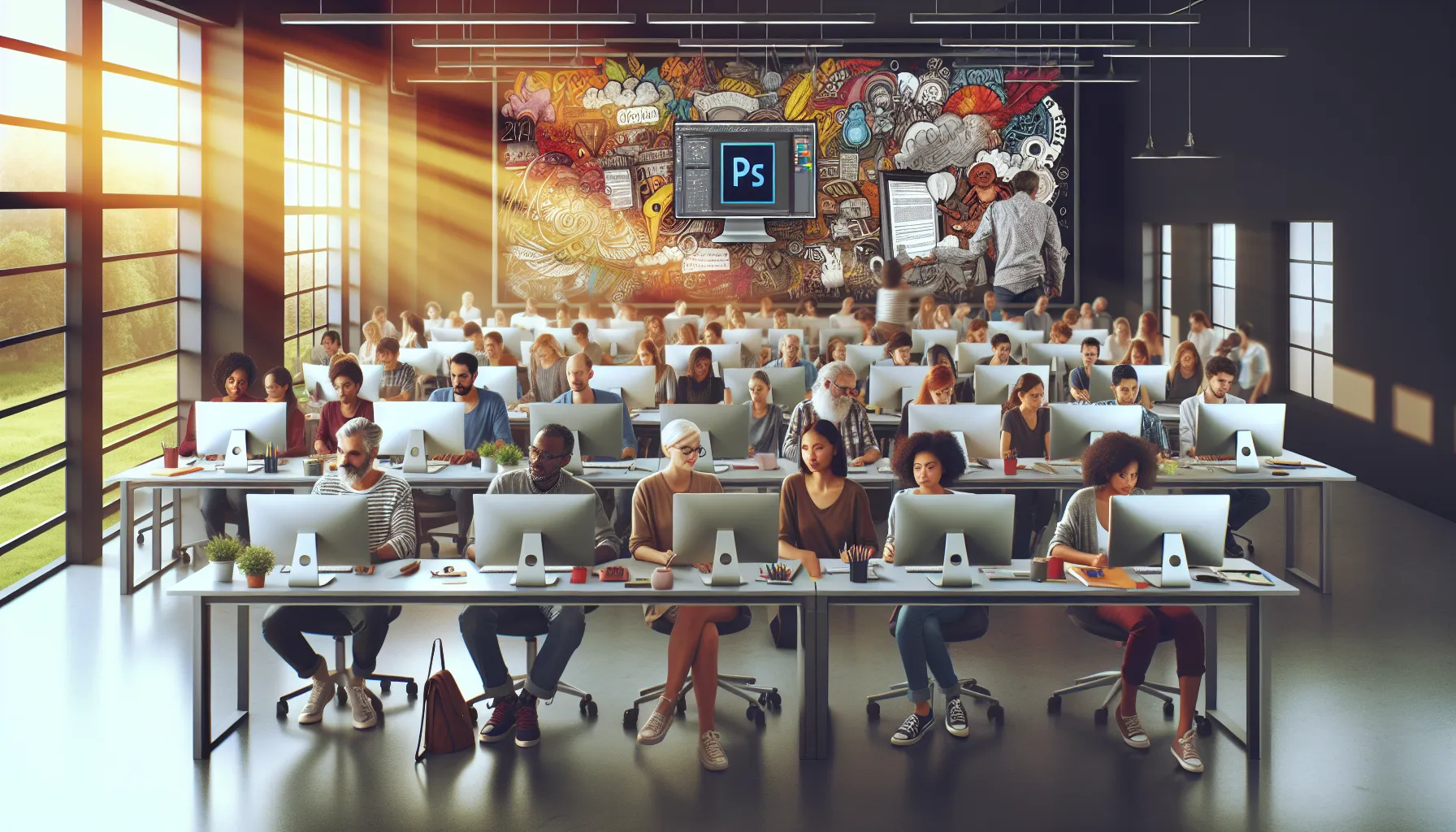 Group workshop on Photoshop skills in a modern classroom.