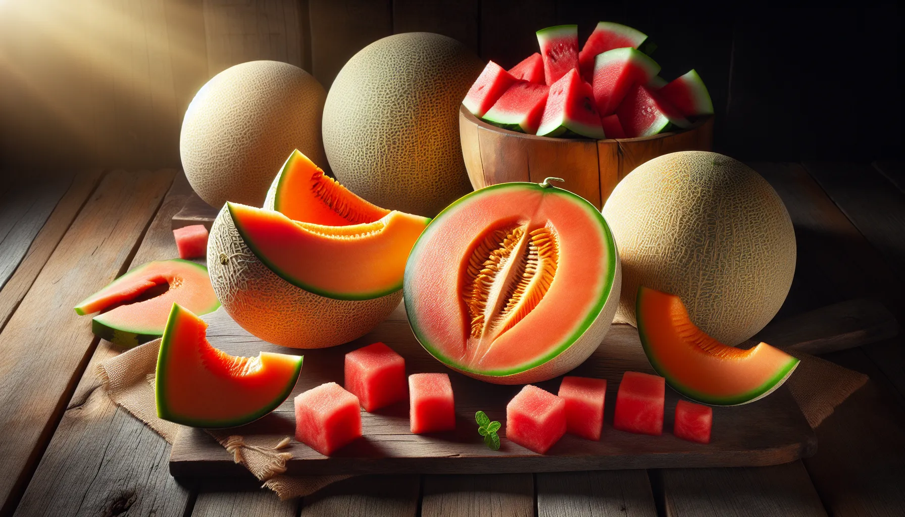 Slices of cantaloupe and watermelon on a rustic wooden table.