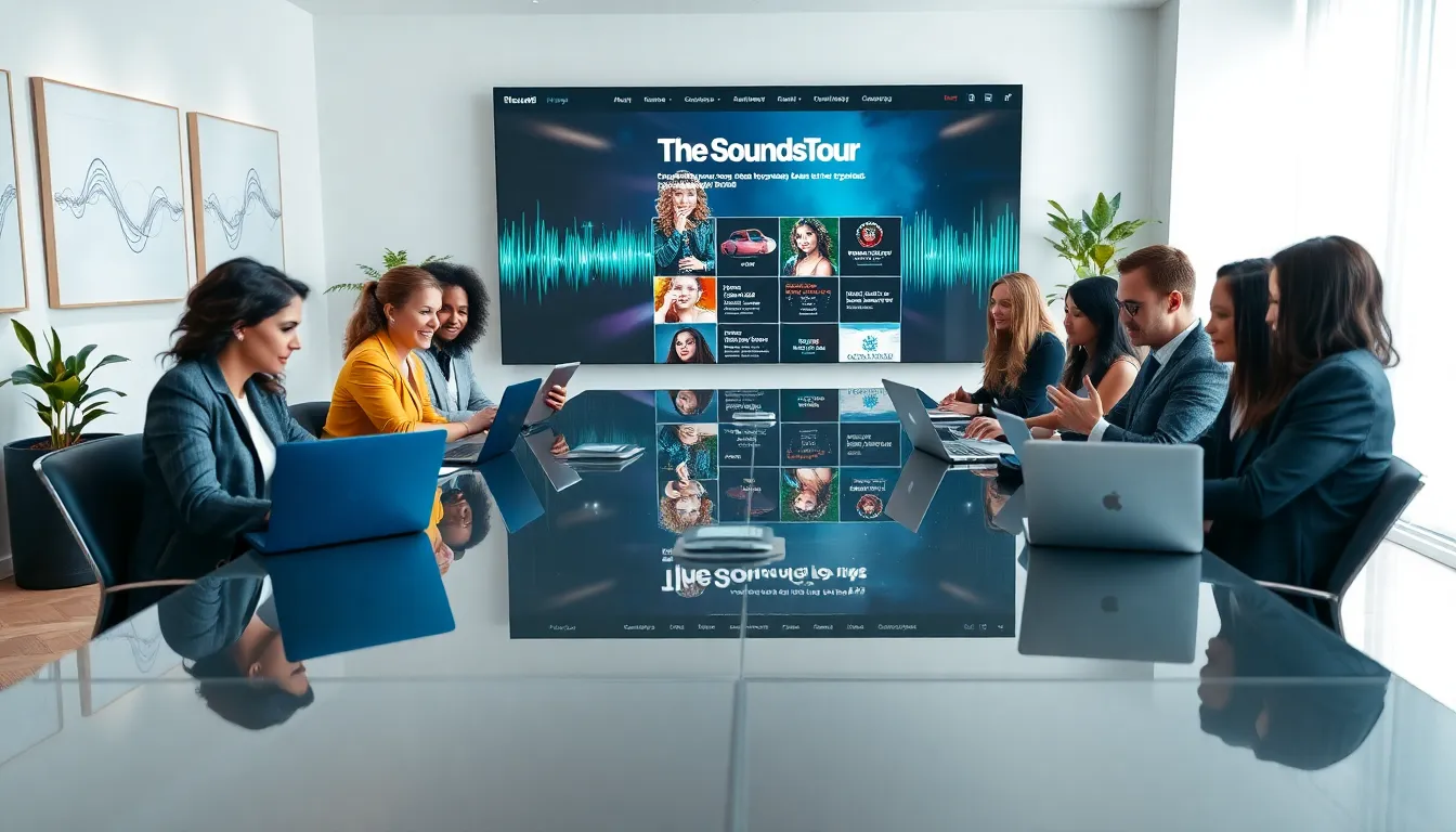 diverse music professionals reviewing Elena's website in a modern workspace.