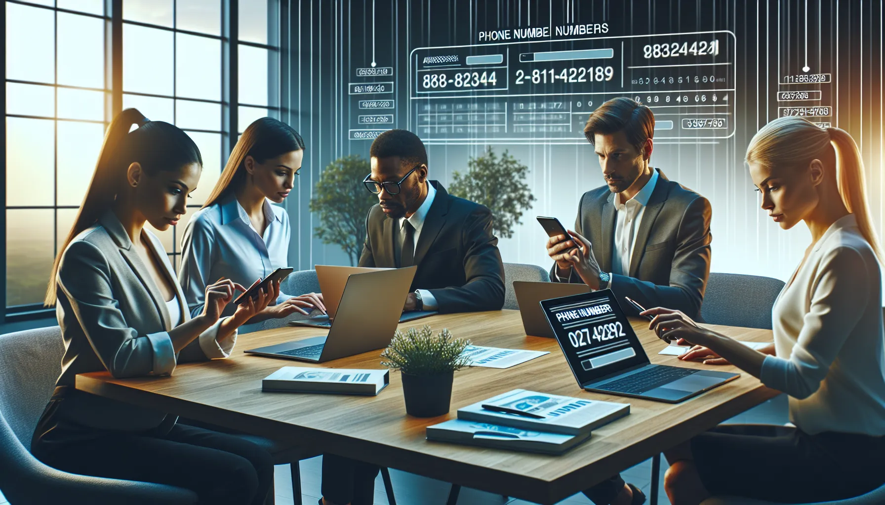 professionals analyzing phone number data in a modern office.