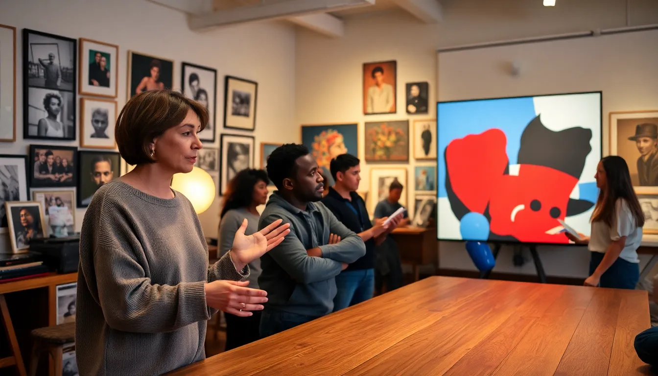 a diverse group discussing art around a table in a cozy room.