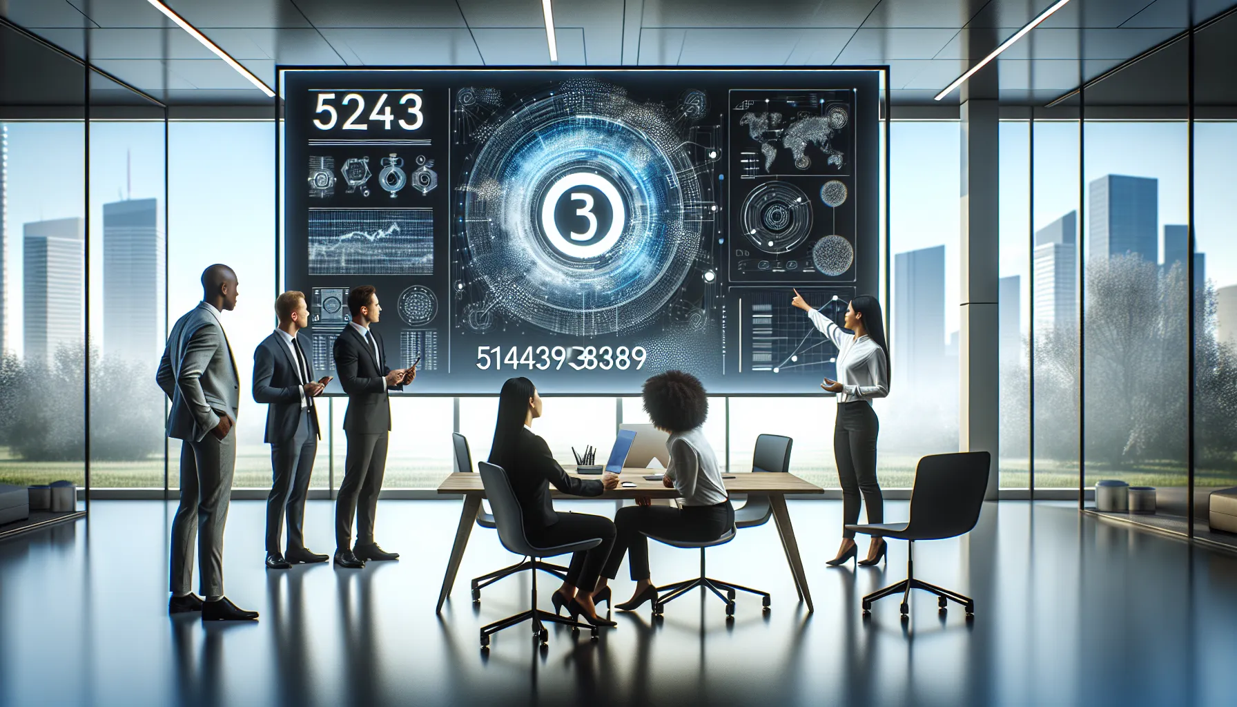 professionals discussing a digital display of the number 5149383189.
