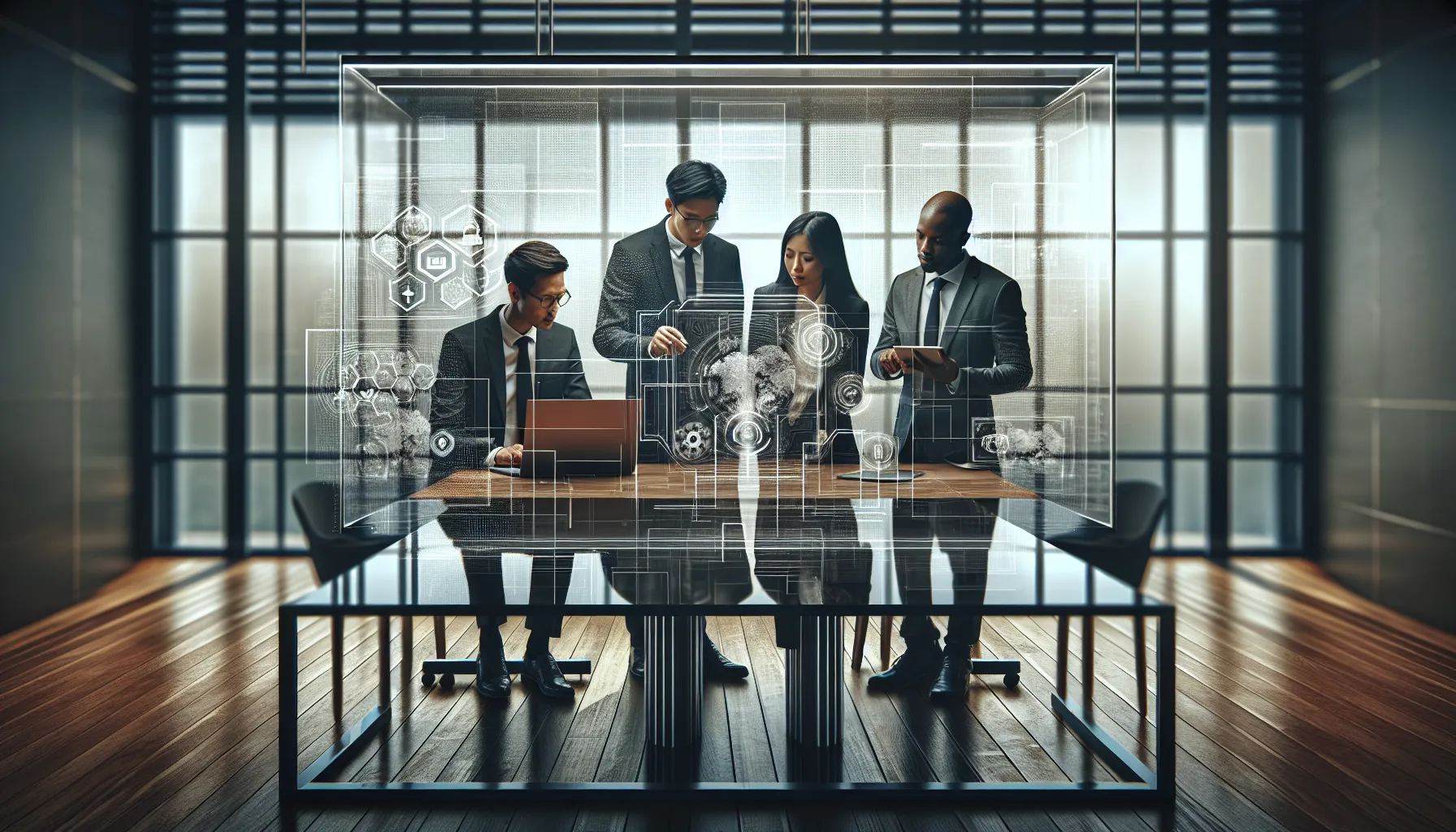 diverse professionals collaborating over the Rachch2010 platform in a modern office.