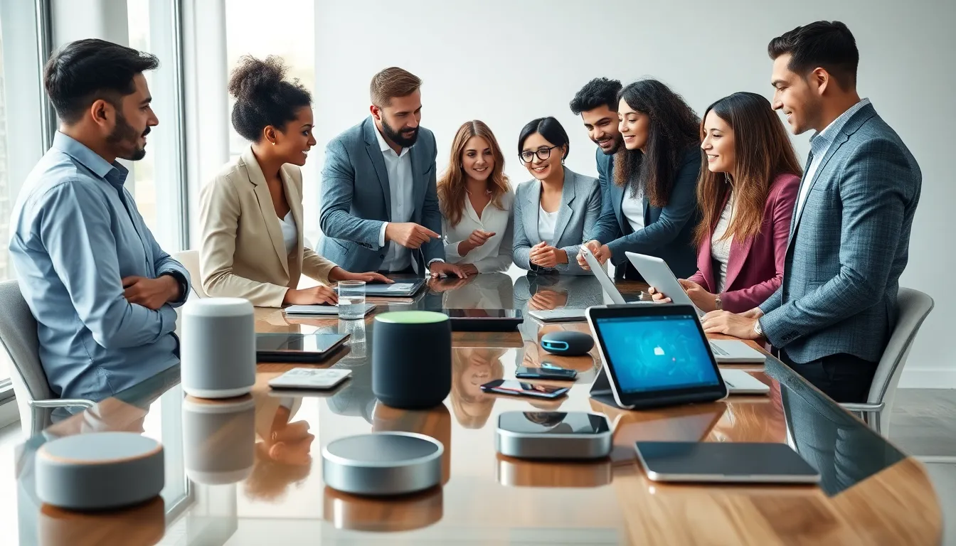 diverse professionals collaborating with electrical gadgets in a modern office.