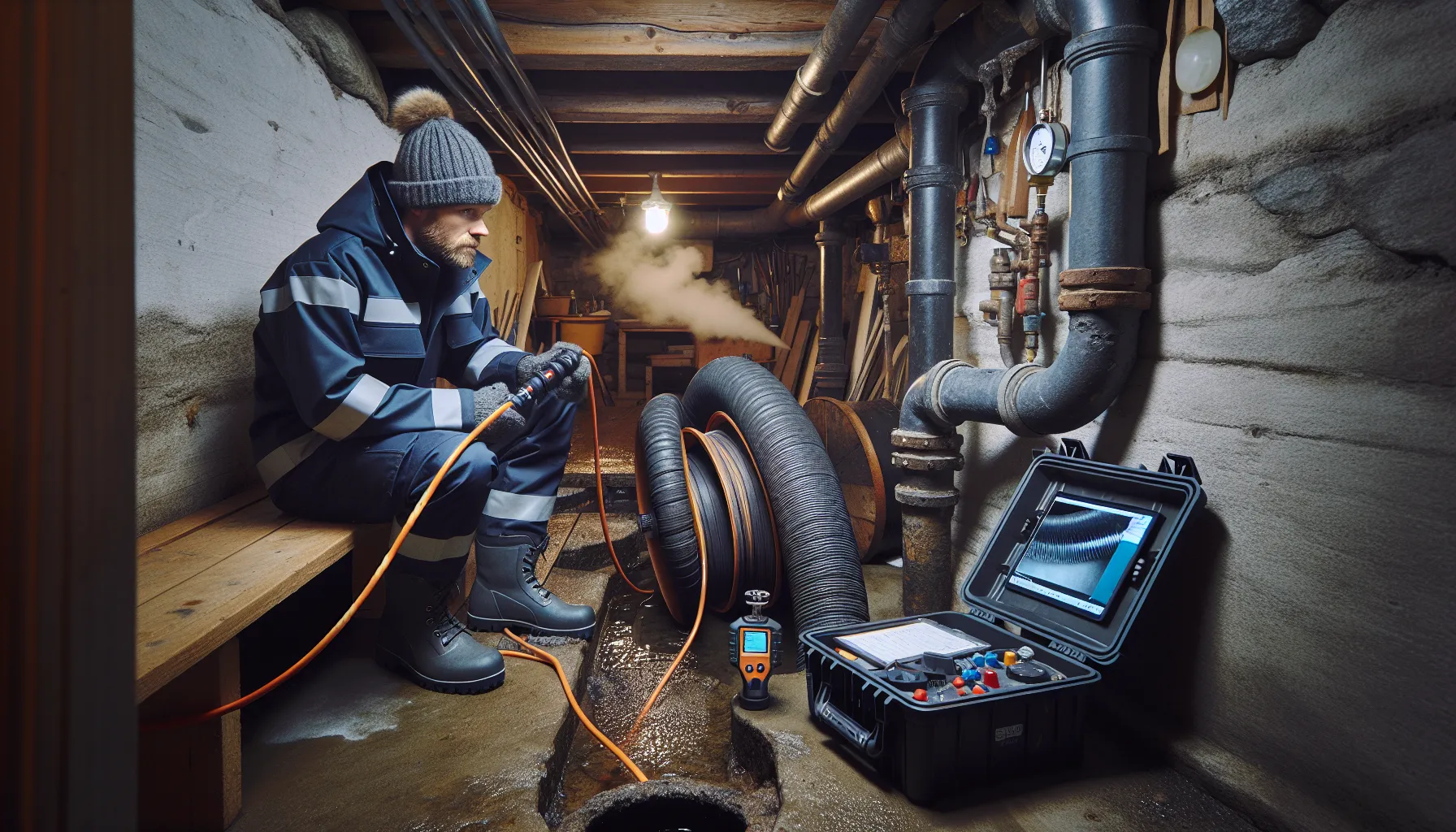 Technician performs camera, pressure, and smoke tests on old norwegian drain pipes.