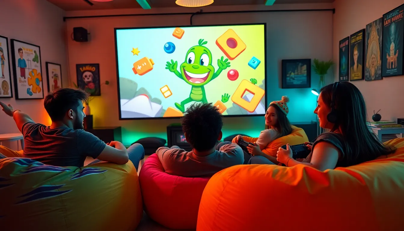 gamers enjoying a multiplayer session featuring Larry Nando on-screen.