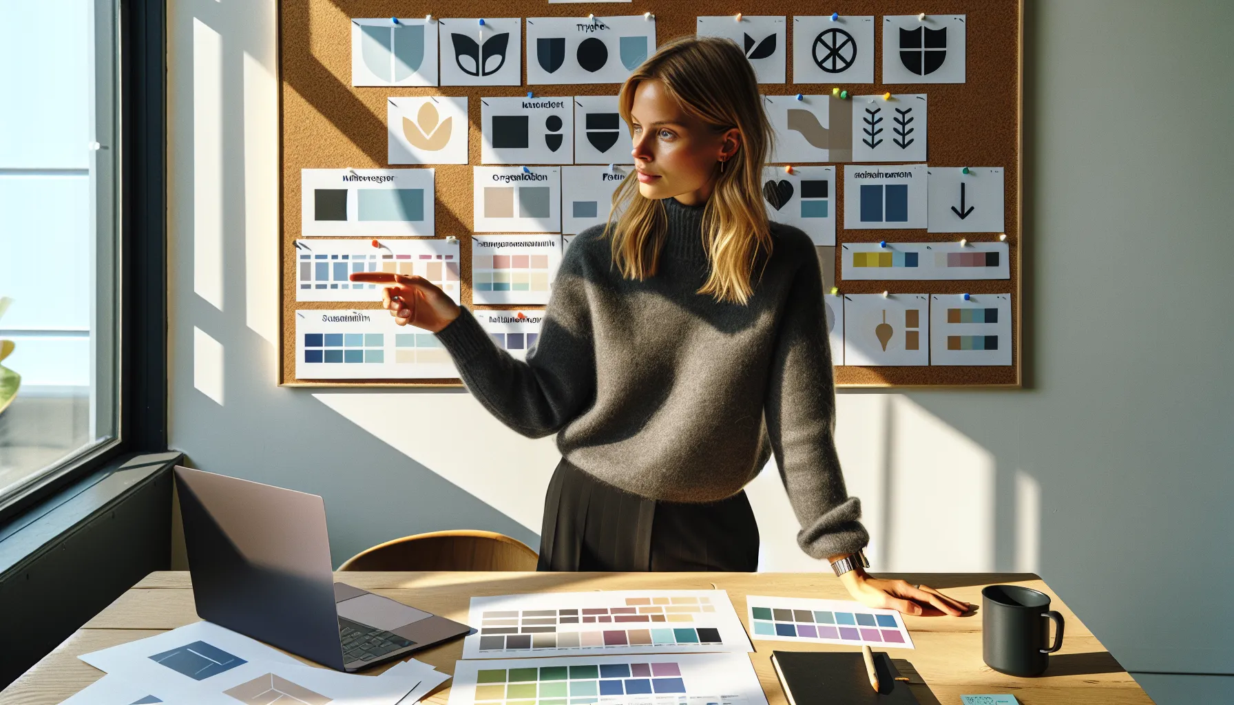 Norwegian designer reviewing core values and competitor logos in a bright studio.