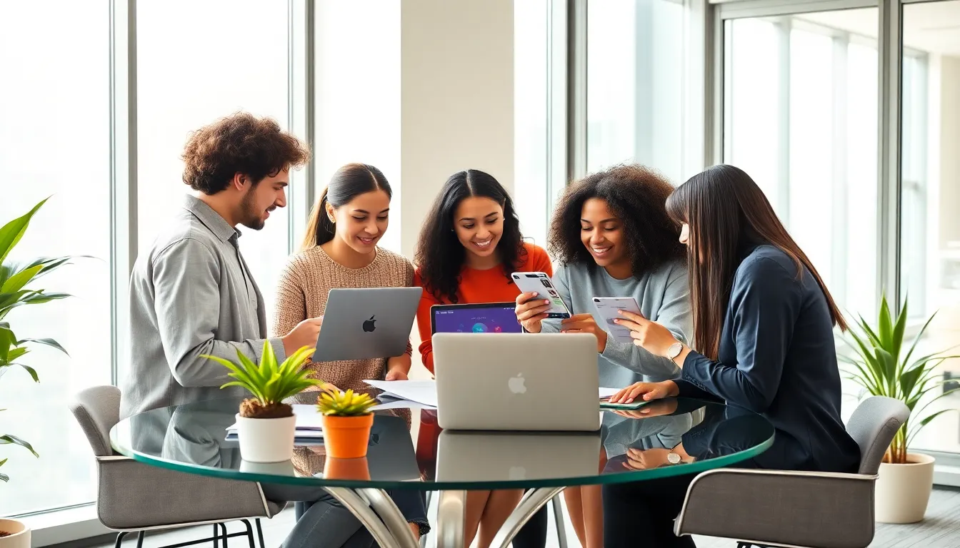 young professionals discussing digital banking tools in a modern office.