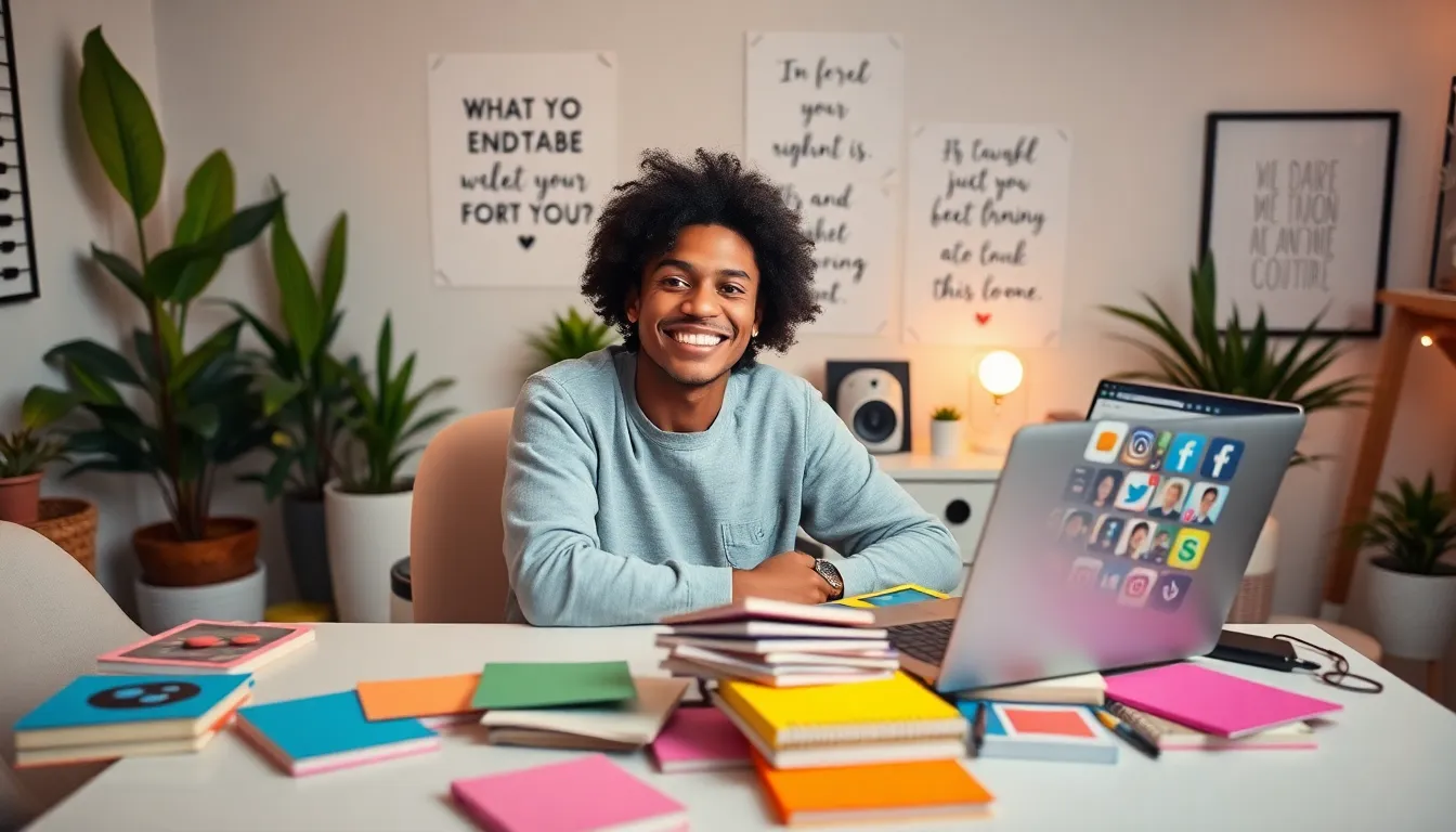 content creator in a modern studio with playful decor.