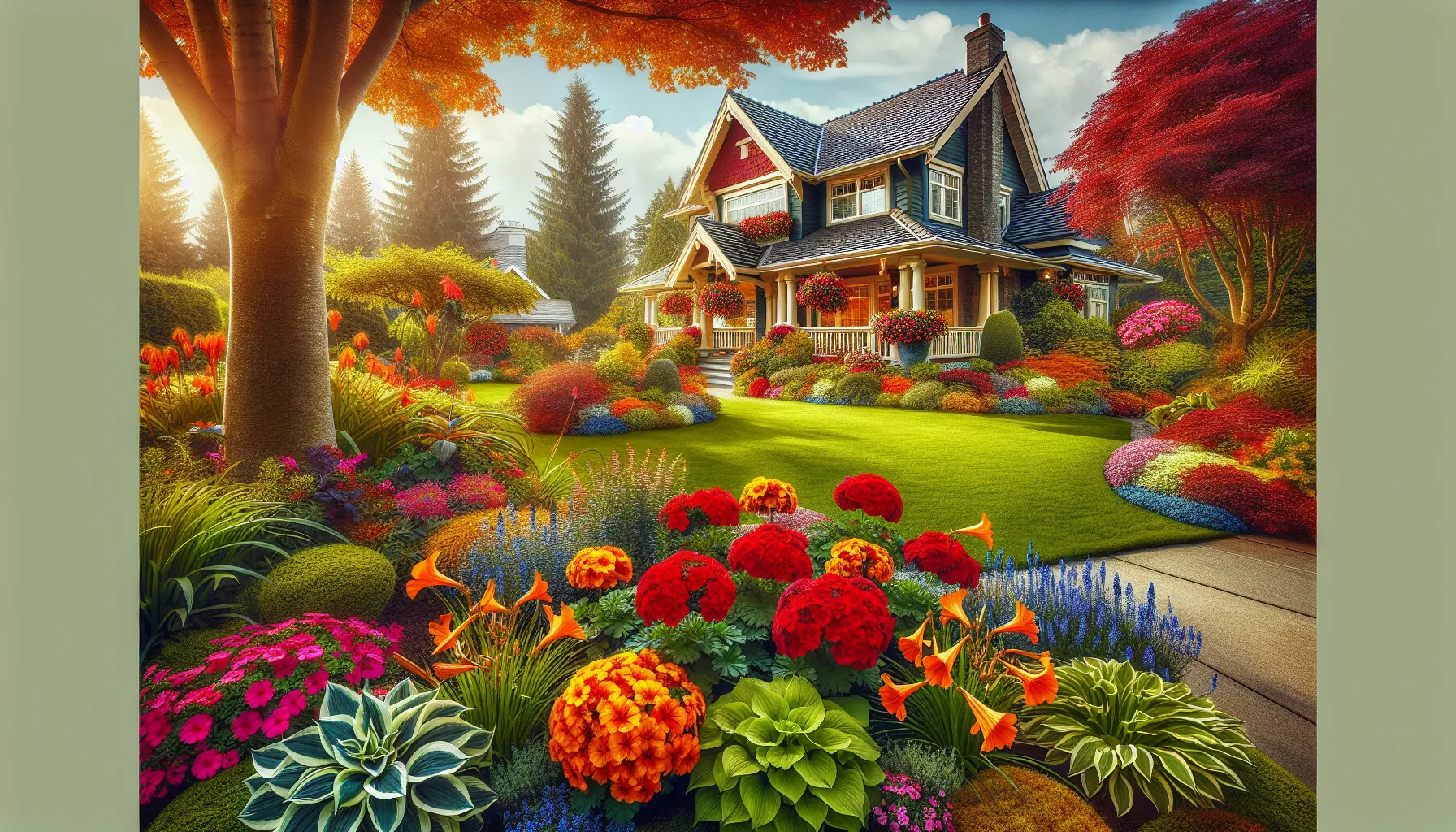 colorful front yard with low-maintenance and seasonal plants.