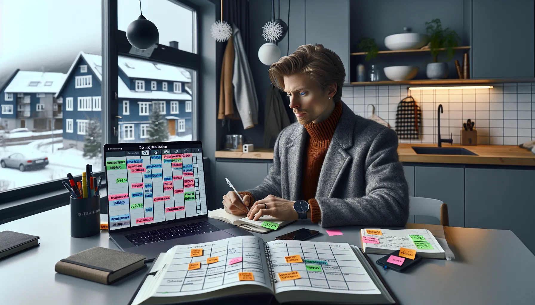 Norwegian professional planning study blocks in a calendar beside an open textbook.