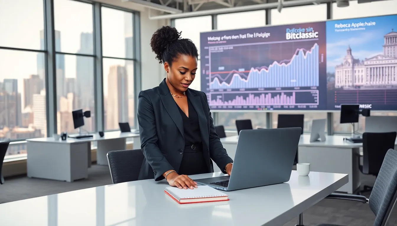 Rebecca Applewhite working confidently in a high-tech office at Bitclassic.