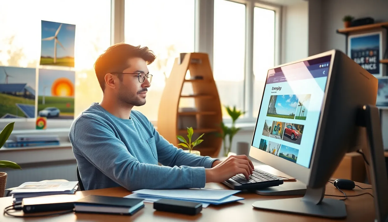 a young man exploring energy technology articles on a computer.