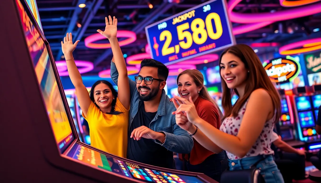 excited players engaging with a gaming terminal displaying accumulative jackpots.