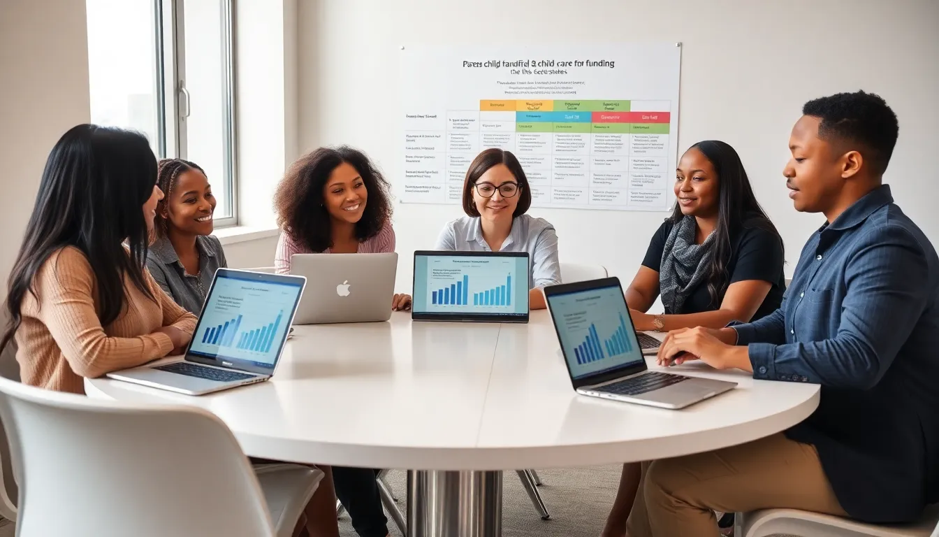 parents and providers discussing DHS child care funding in a modern office.