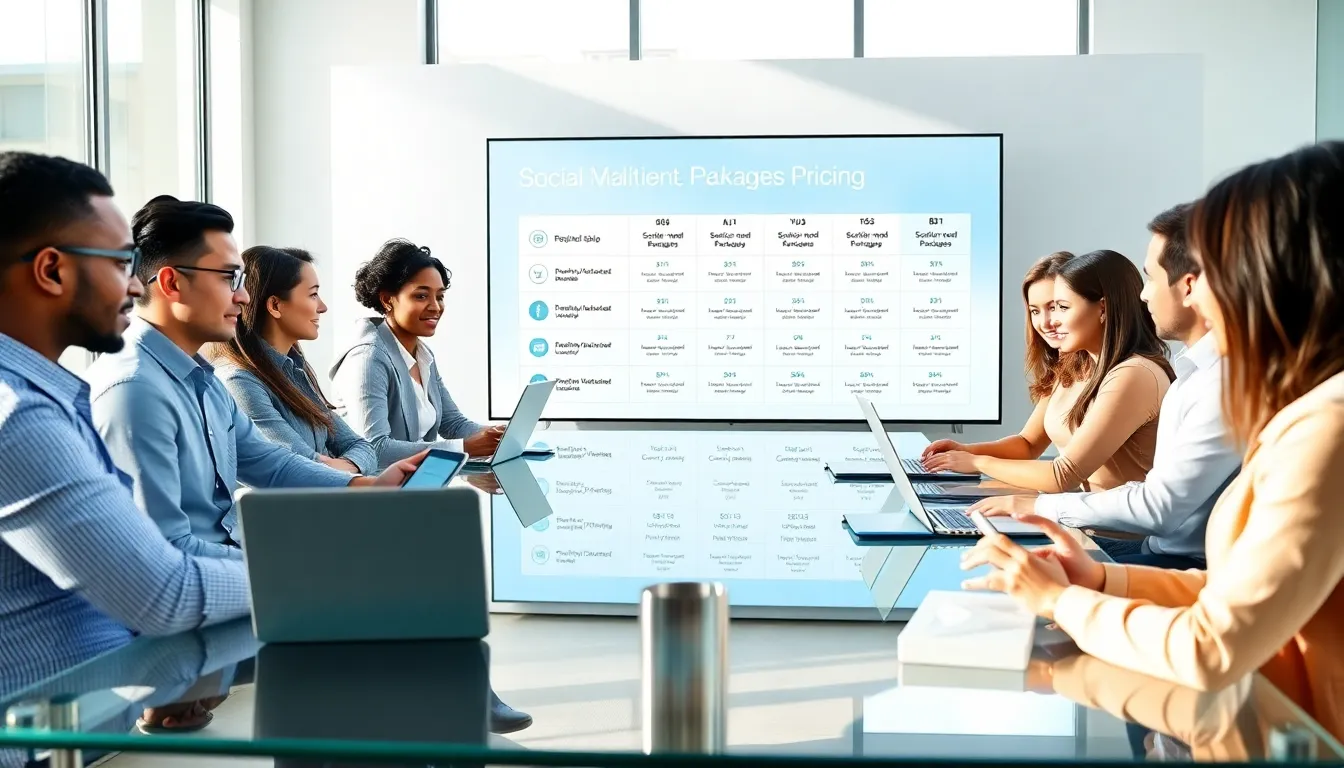 team discussing social media package pricing in a modern conference room.