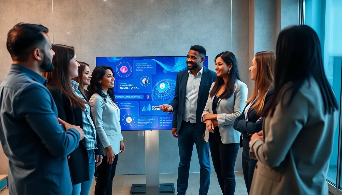 diverse team discussing Blockchain Bitclassic in a modern office.