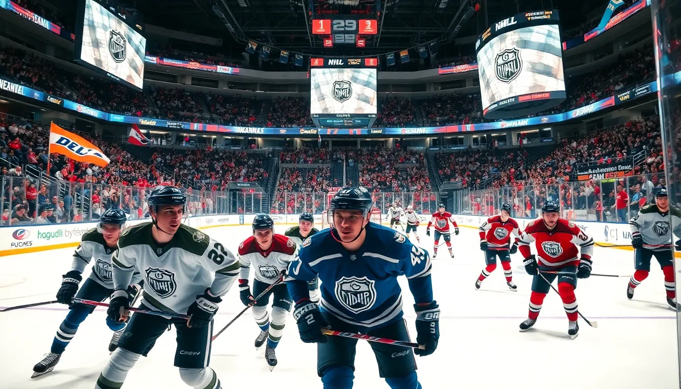 NHL game featuring diverse players and excited fans in a busy arena.