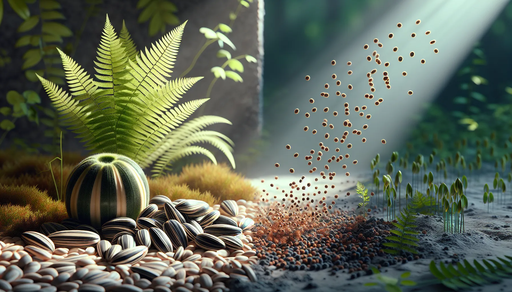 Contrasting seeds and spores in a natural setting, reflecting their propagation characteristics.