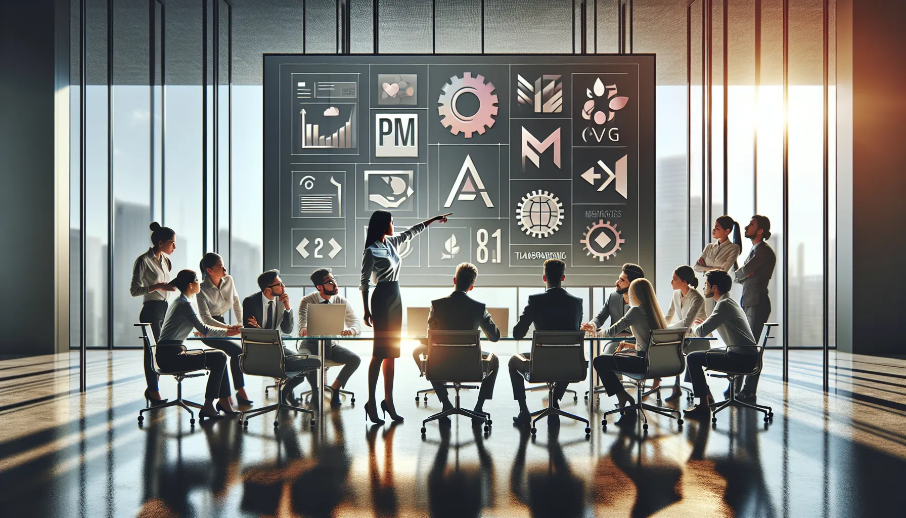 professionals discussing logo formats in a modern office setting.