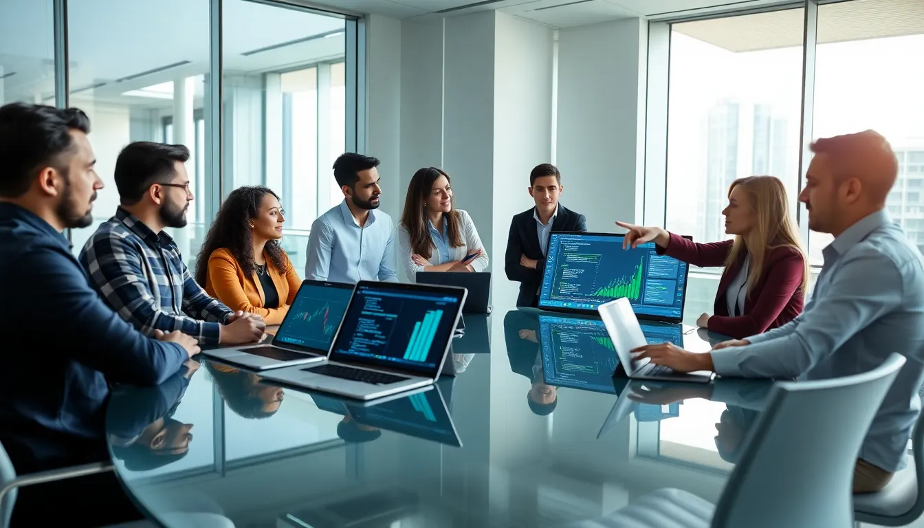 a diverse team discussing technology in a modern conference room.