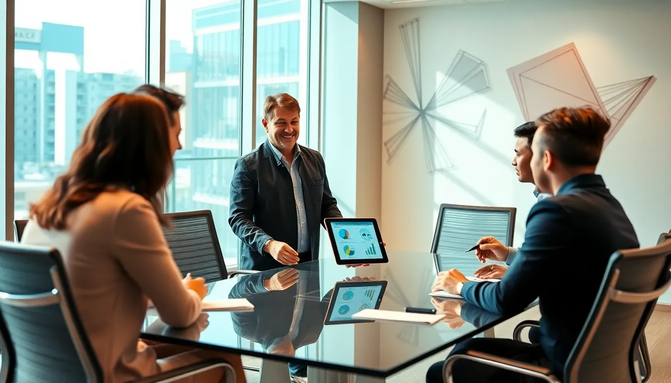 diverse team discussing property management in a modern office.