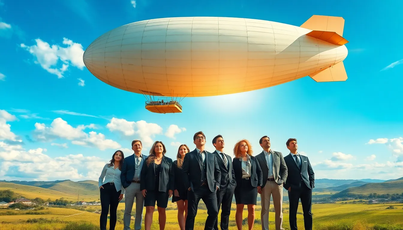 diverse professionals admiring a majestic airship in a bright sky.