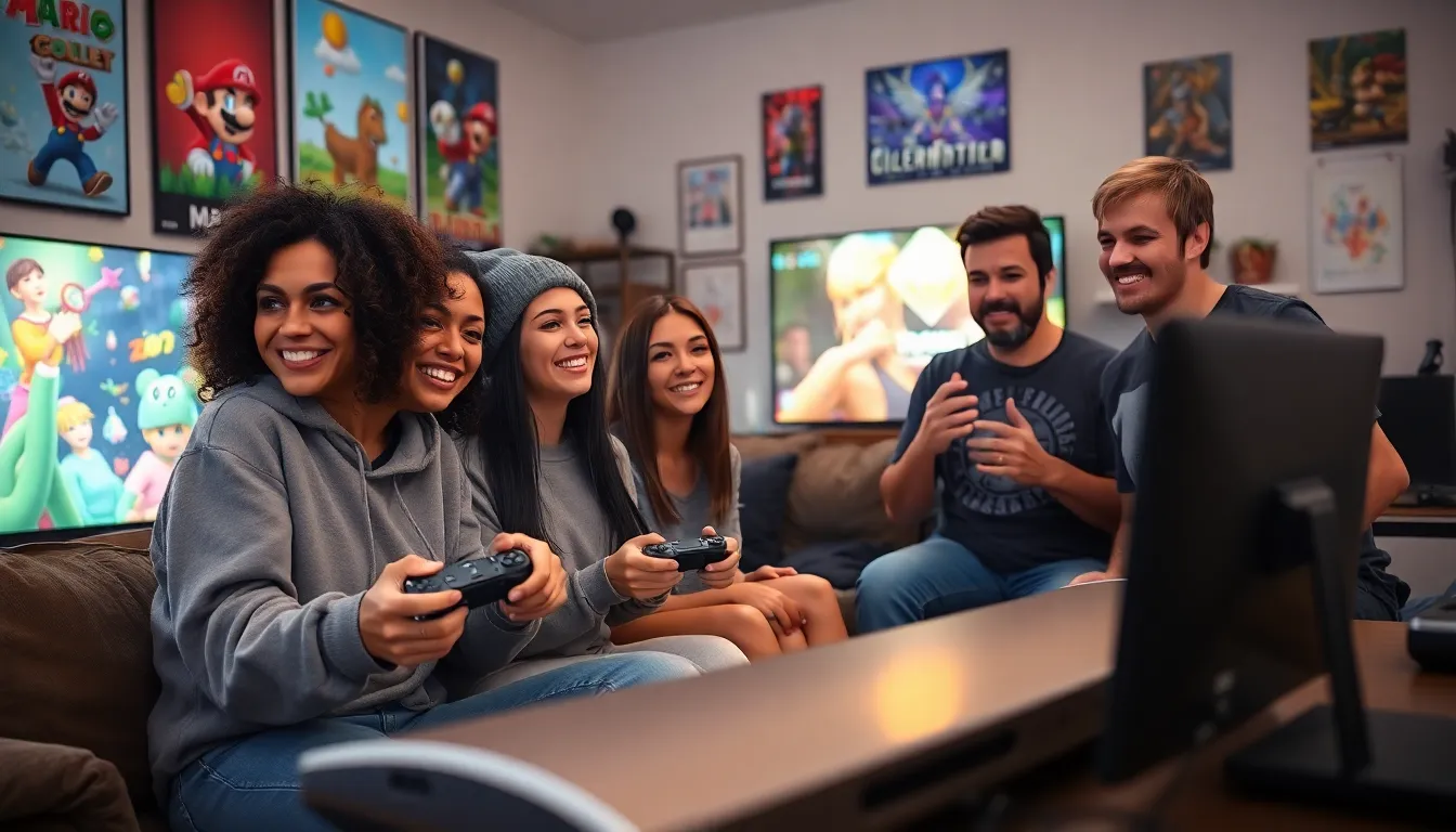 four friends gaming together in a cozy living room.
