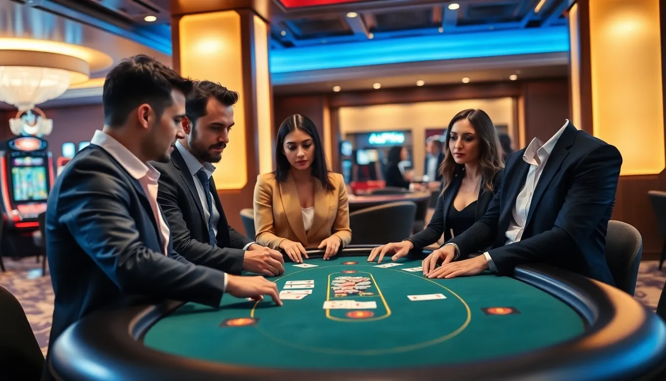 diverse players engaged at a stylish blackjack table in a casino.