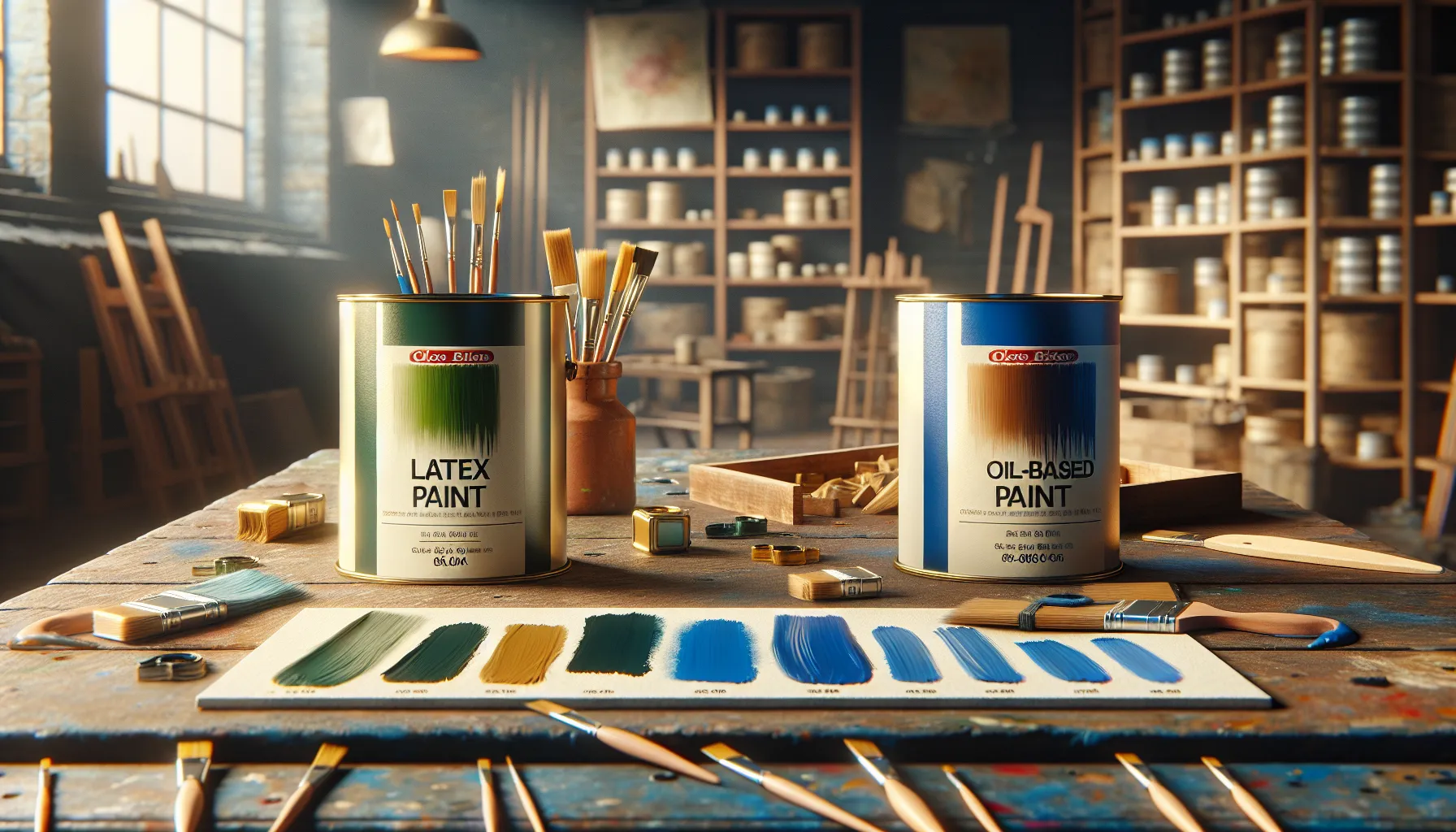 Two paint cans labeled 'Latex Paint' and 'Oil-Based Paint' on a workshop table.
