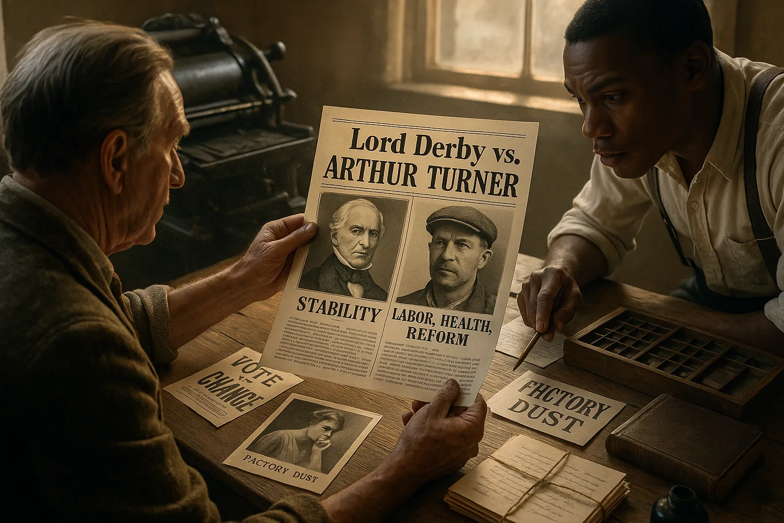 Editor holding a broadsheet titled ‘Lord Derby vs. Arthur Turner.’