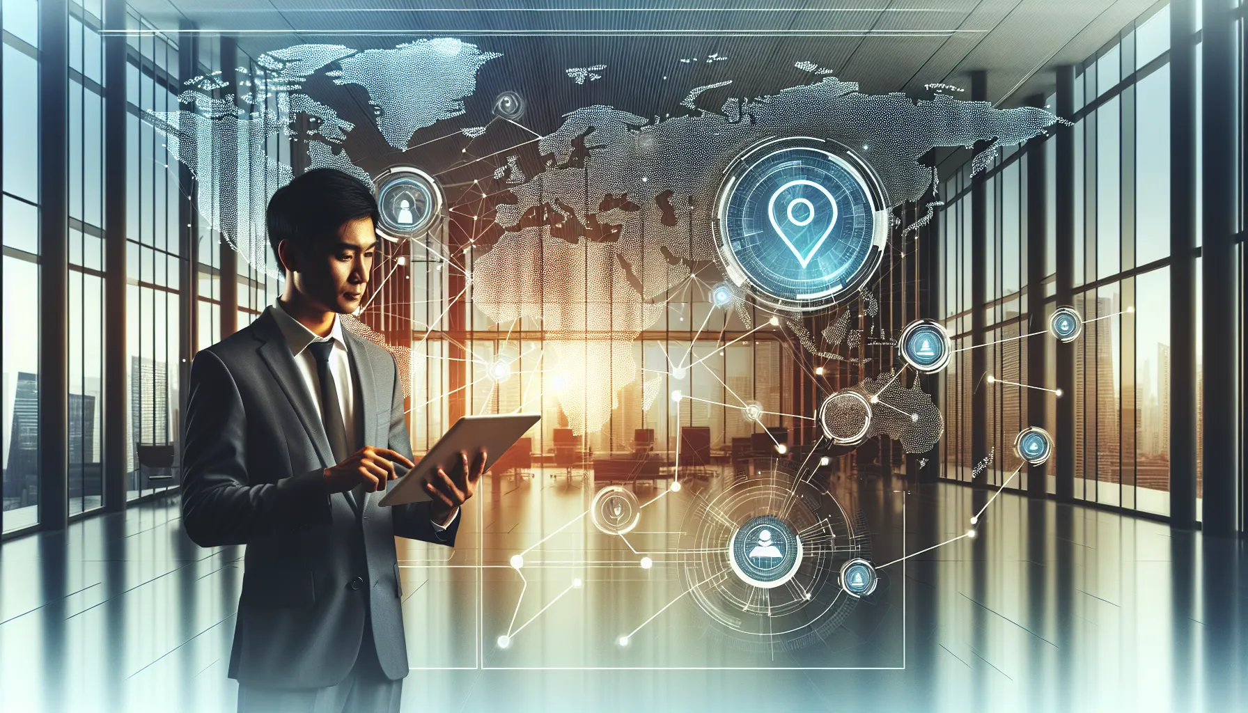 Stylized world map with geolocation markers and a professional examining data.