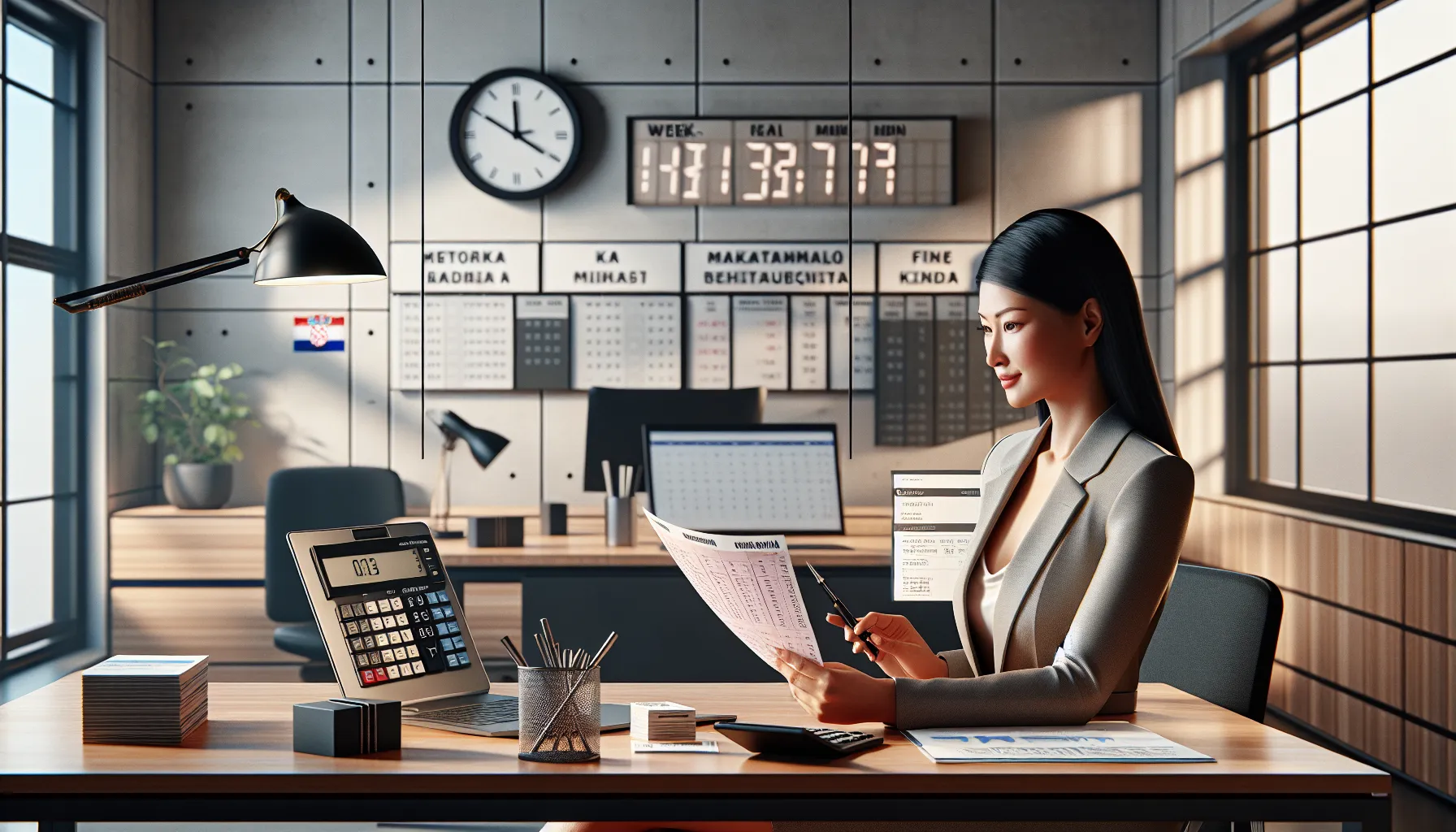 Professional person at desk with calendar, documents, and calculator for fine payment